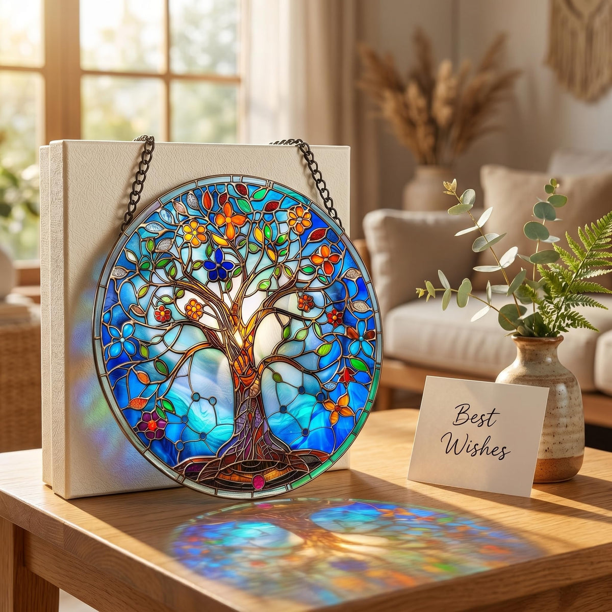 DLNNBKB suncatcher with blue background and green leaves for vibrant entryways