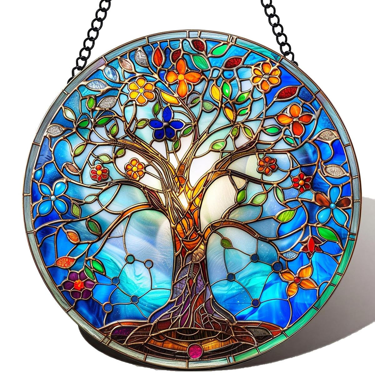 DLNNBKB stained glass tree of life suncatcher 8in gleaming in sunlight for windows