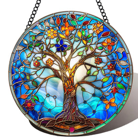 DLNNBKB stained glass tree of life suncatcher 8in gleaming in sunlight for windows
