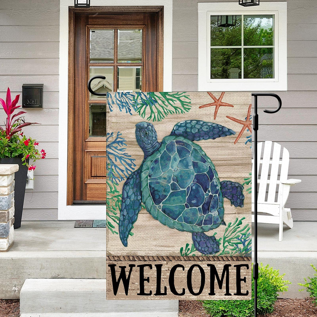 Dlzdn double-sided flag prints sea turtle design readable from both sides.