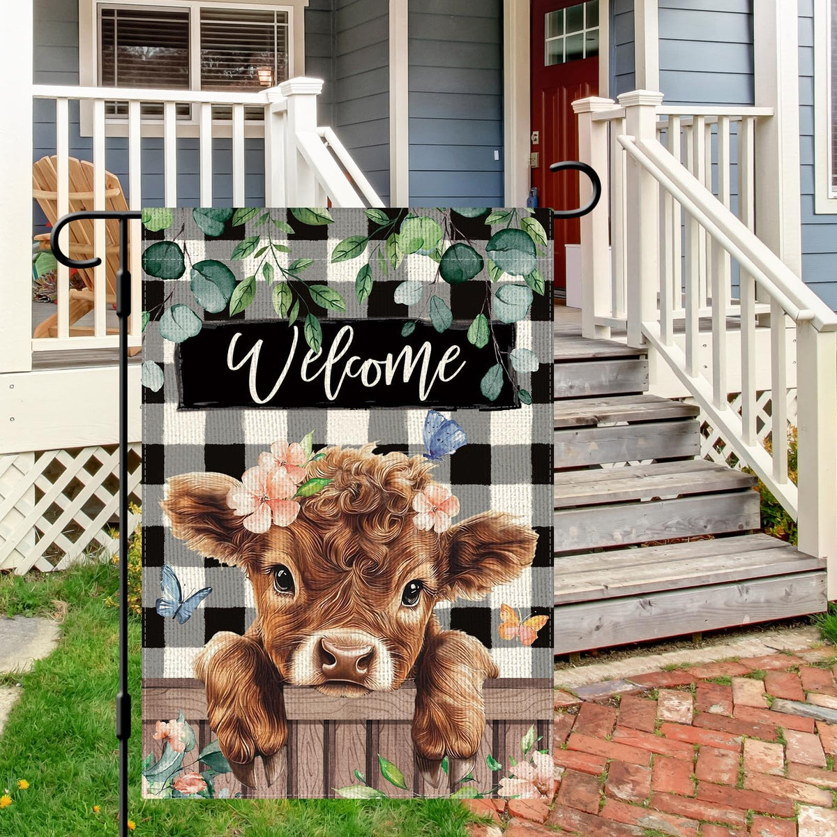 Dlzdn Highland Cow flag stitching detail, premium burlap look and lasting color.