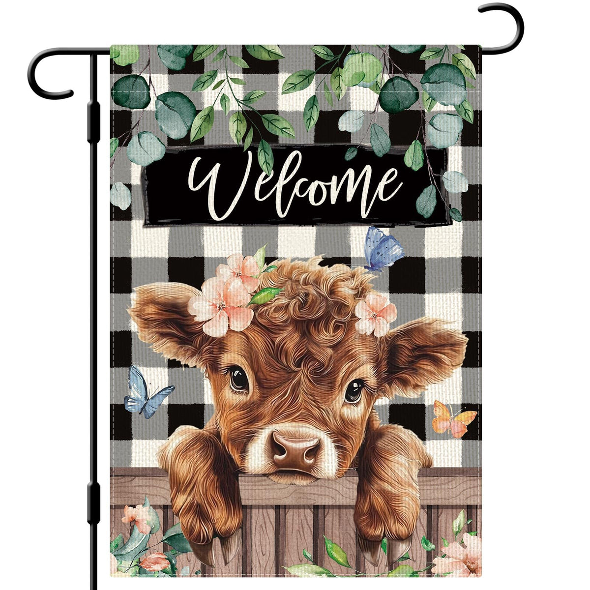Dlzdn Welcome Spring Highland Cow flag front view, durable outdoor decor for curb appeal.