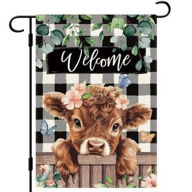 Dlzdn Welcome Spring Highland Cow flag front view, durable outdoor decor for curb appeal.