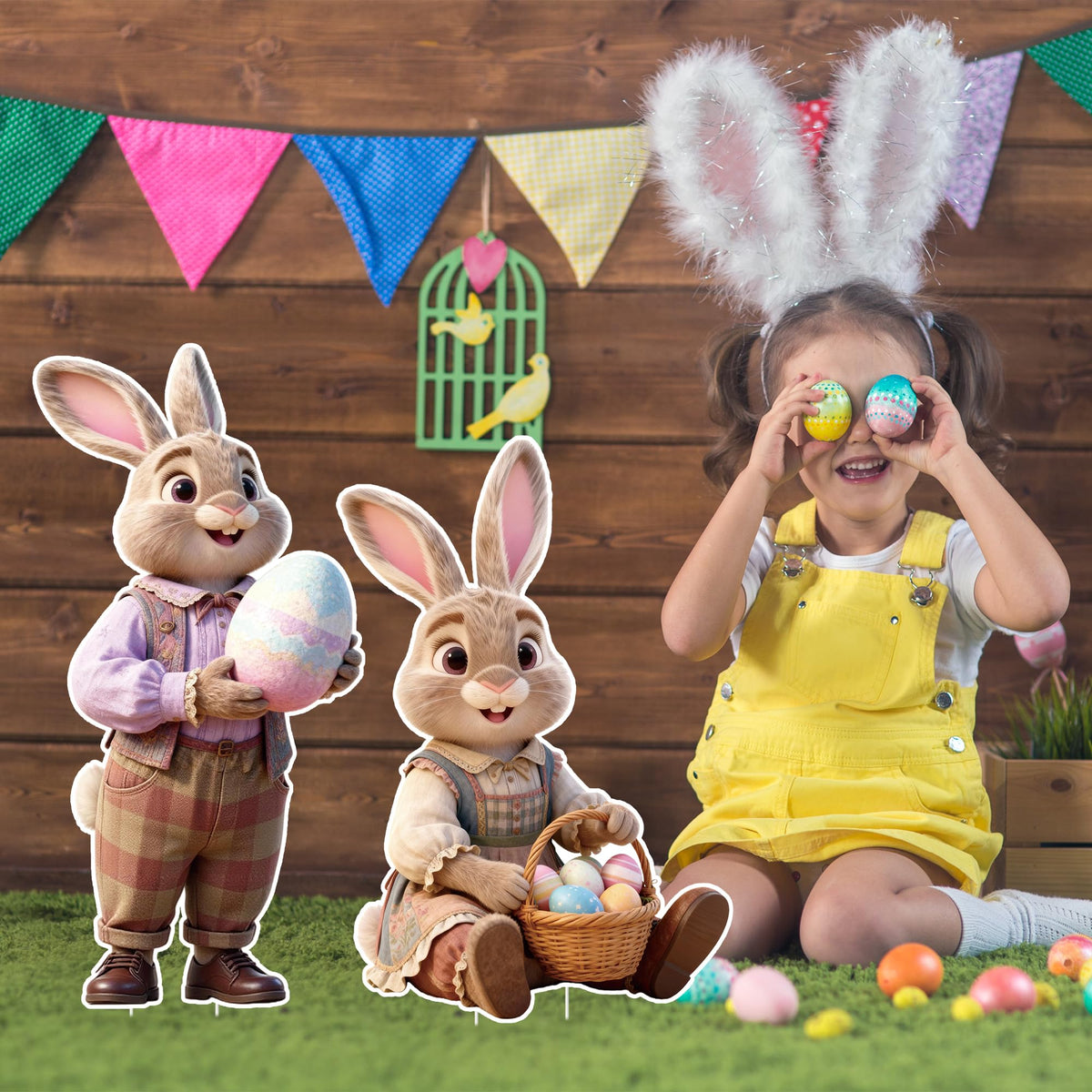 DMIGHT bunny yard signs create a charming photo spot outdoors.
