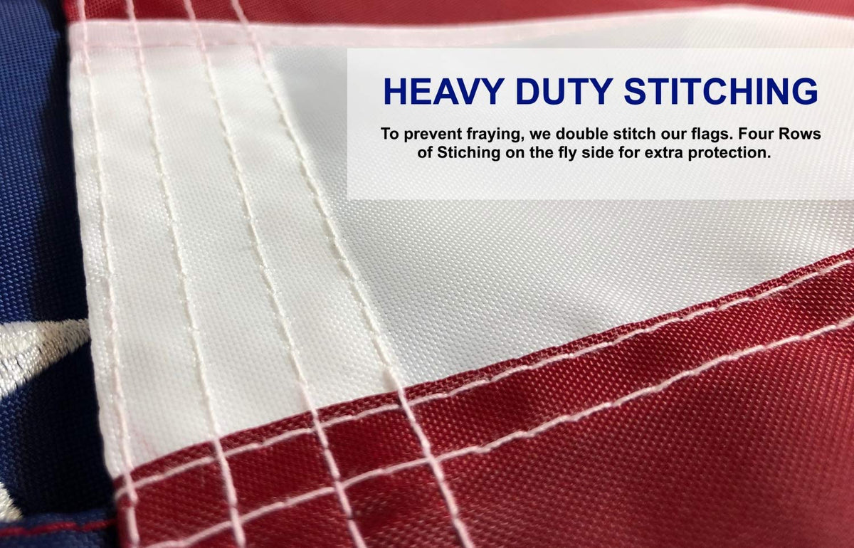 Flag features double stitching and extra fly-edge rows for wind resilience