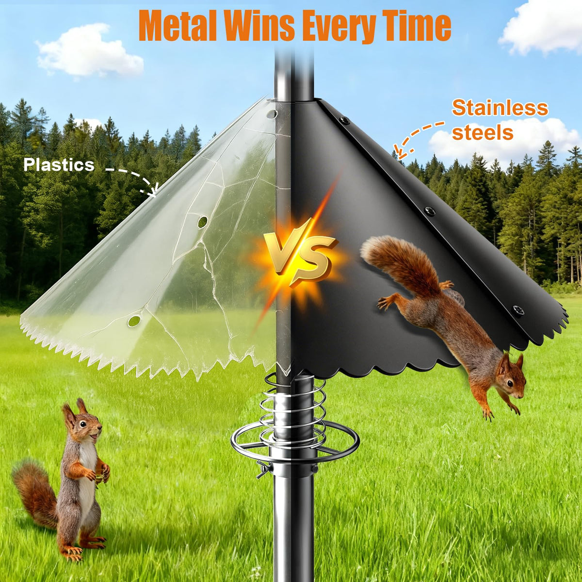 DMTXCRP universal-fit squirrel deterrent works on 0.5 to 1.2 inch poles.