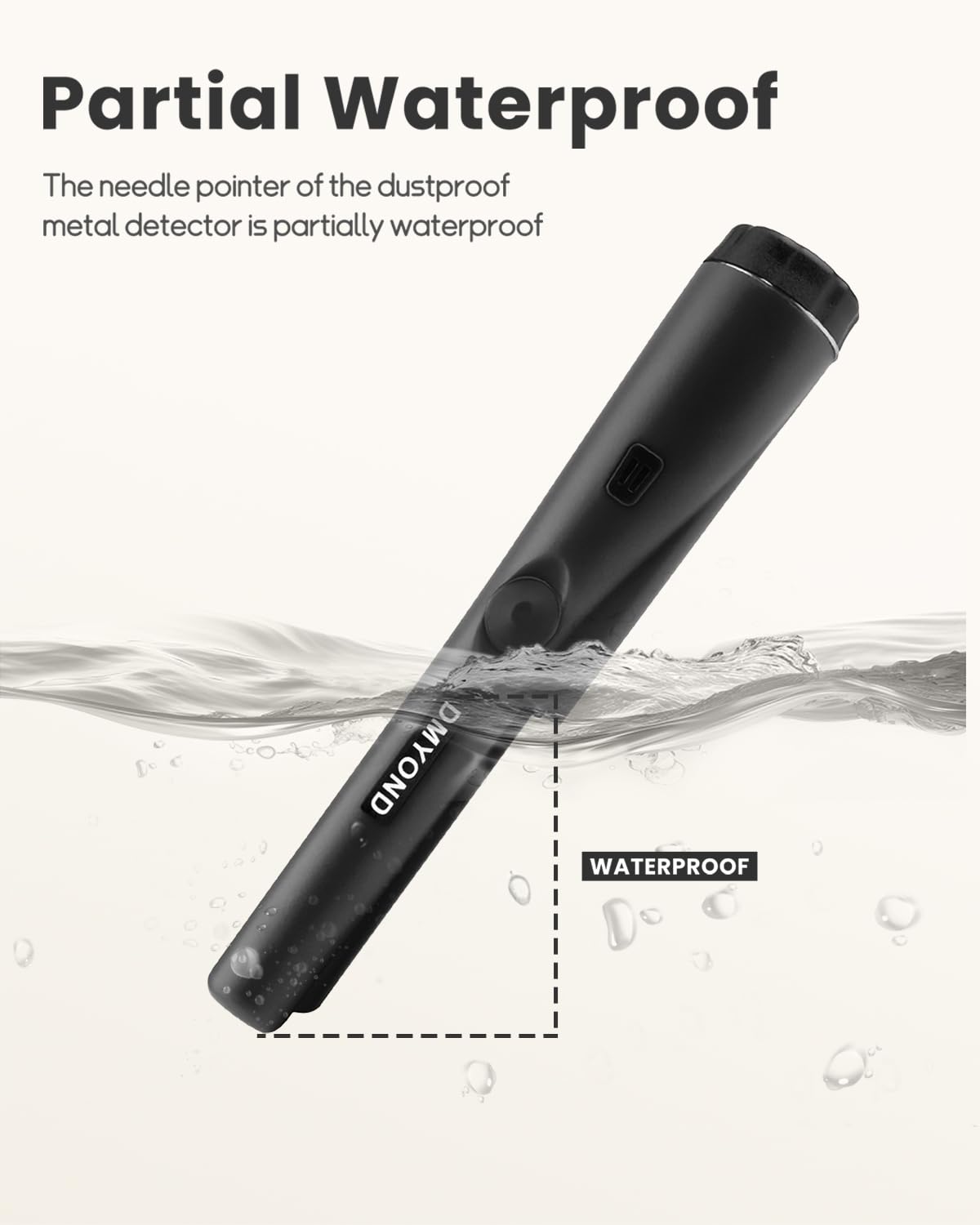 Dmyond pinpointer battery compartment accessible for quick power changes.