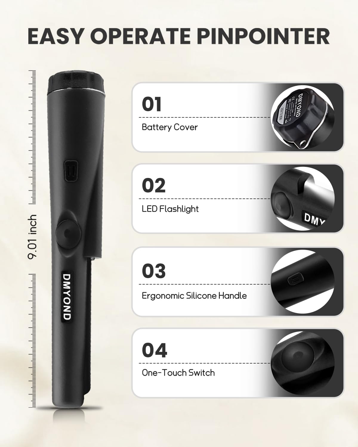 Dmyond pinpointer dustproof probe detects metals in dusty environments.