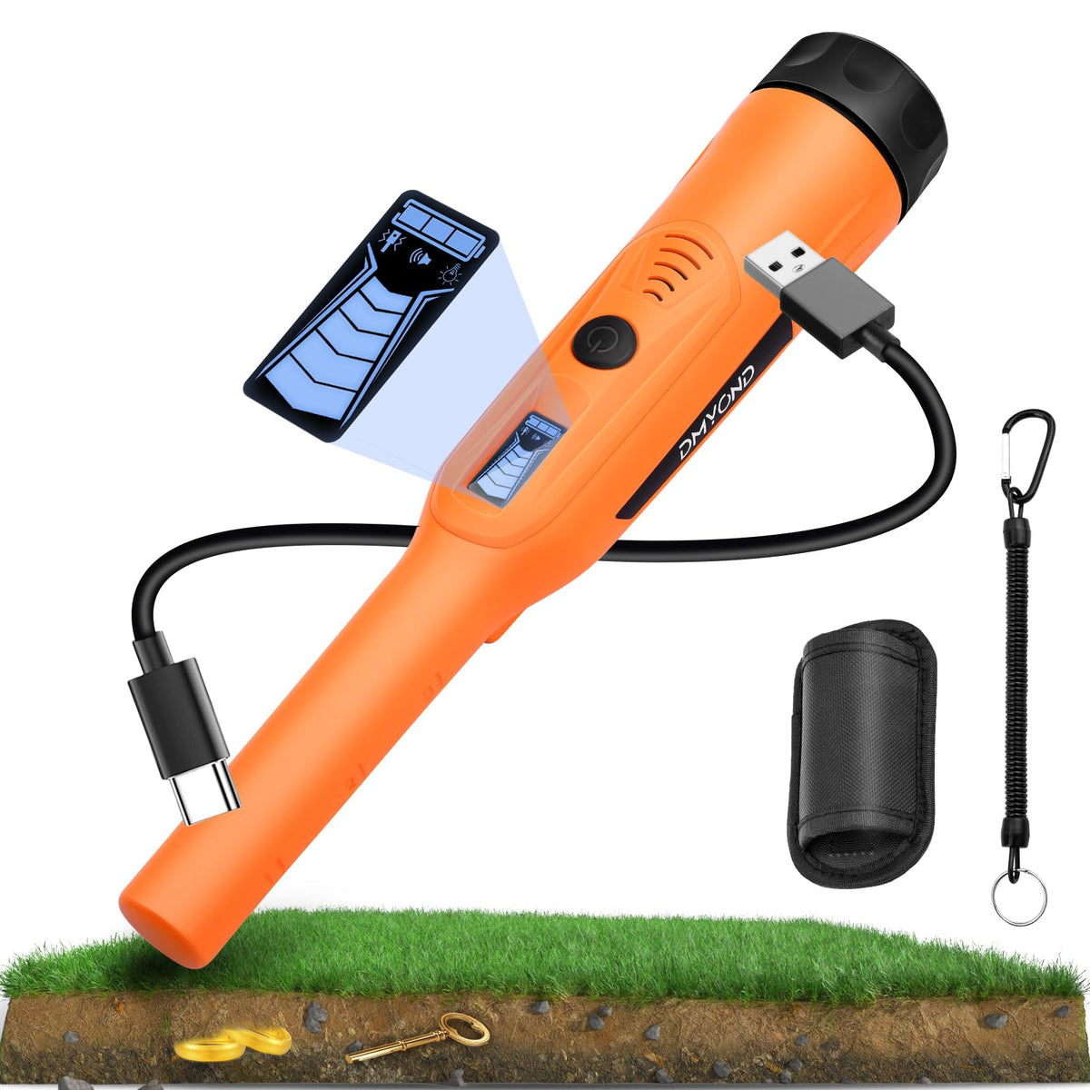 Dmyond rechargeable pinpointer front view for precise treasure spotting