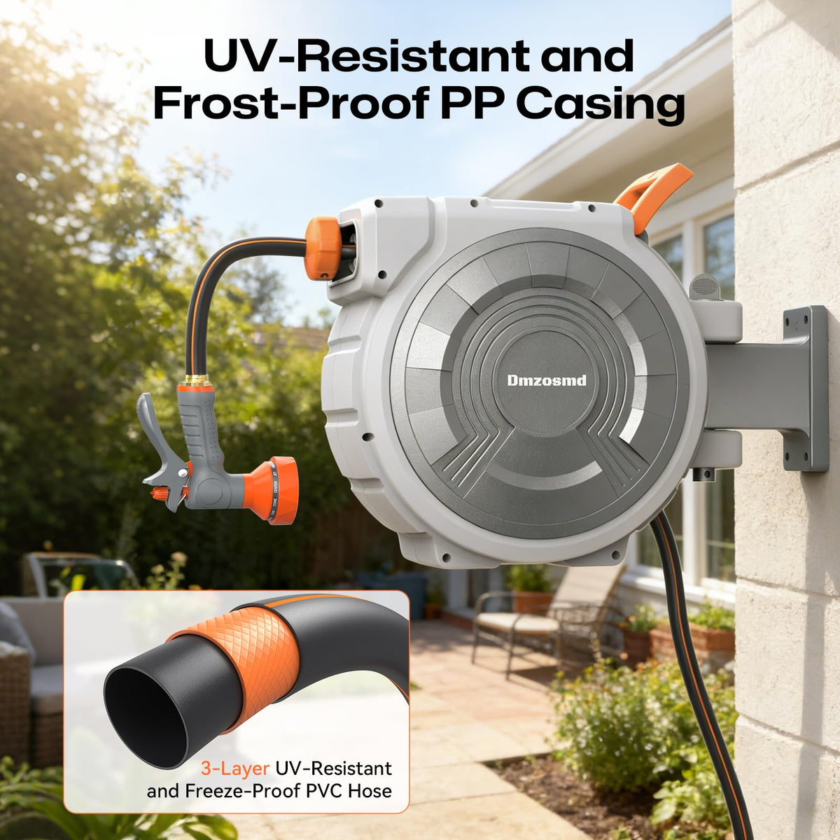 Dmzosmd all-weather hose withstands year-round outdoor use.