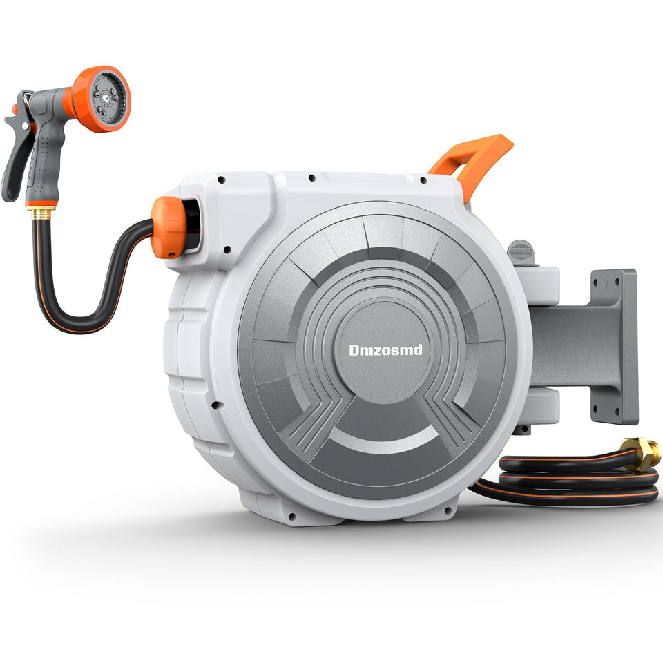 Dmzosmd retractable hose reel mounted on wall provides seamless yard coverage.