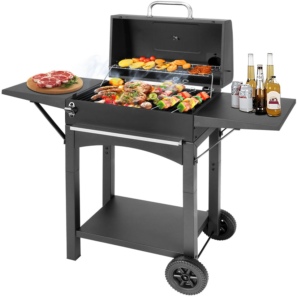 DNKMOR charcoal grill with two side tables for sauces and tools, ideal for organized outdoor cooking.