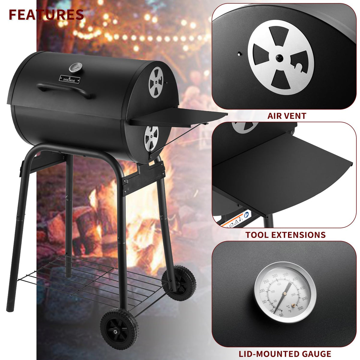 DNKMOR adjustable charcoal pan helps manage heat for even cooking