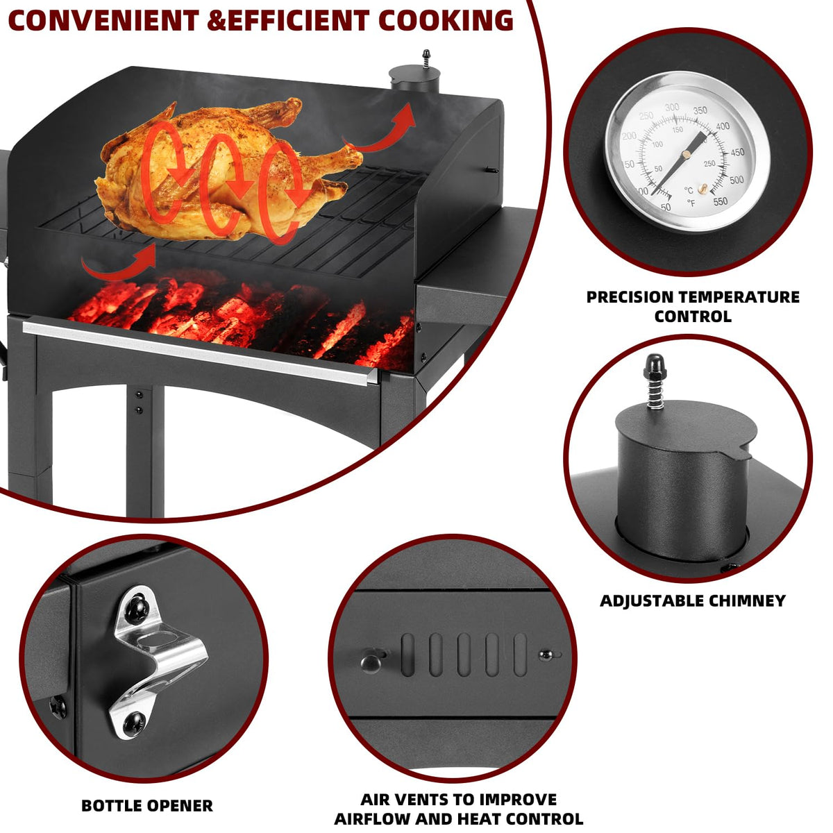 DNKMOR built-in thermometer for precise heat control during grilling.