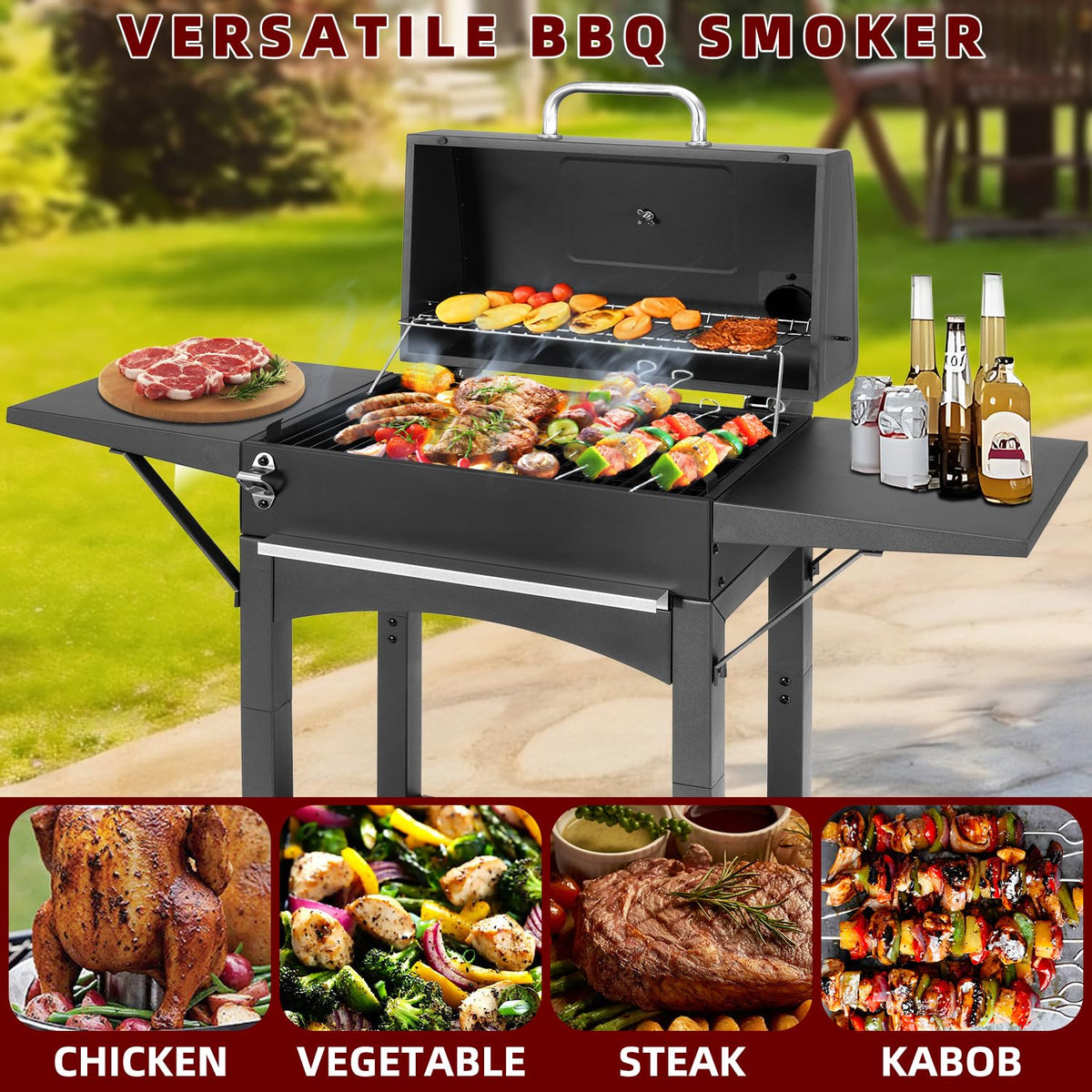 DNKMOR grill on wheels for easy transport to patio, campsite, or beach.