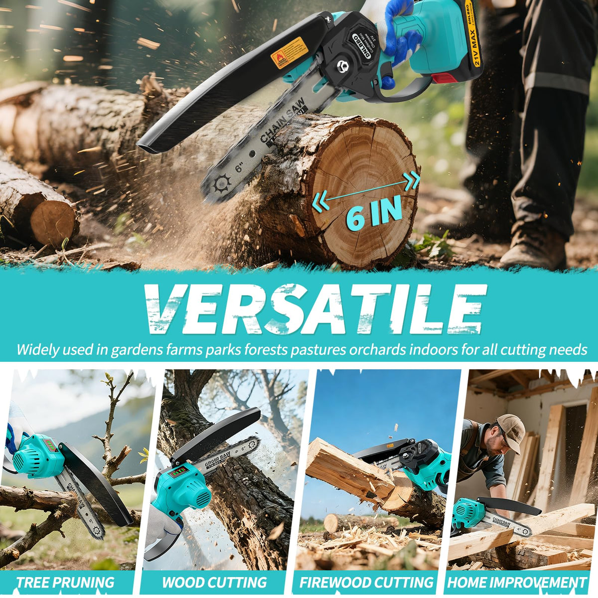 DNLBBO Mini Chainsaw in-use cutting-wood demonstrates smooth, efficient pruning of small limbs