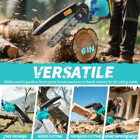 DNLBBO Mini Chainsaw in-use cutting-wood demonstrates smooth, efficient pruning of small limbs