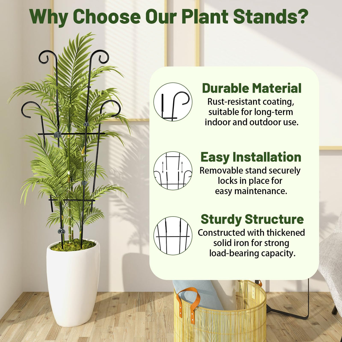 Rust-resistant metal construction keeps shape upright in indoor or outdoor setups.