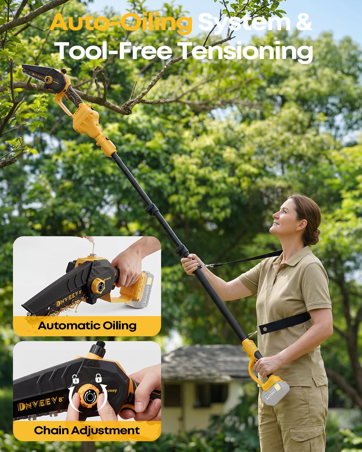 Dnveey extendable pole reaches up to 15.6 feet for tall branches.