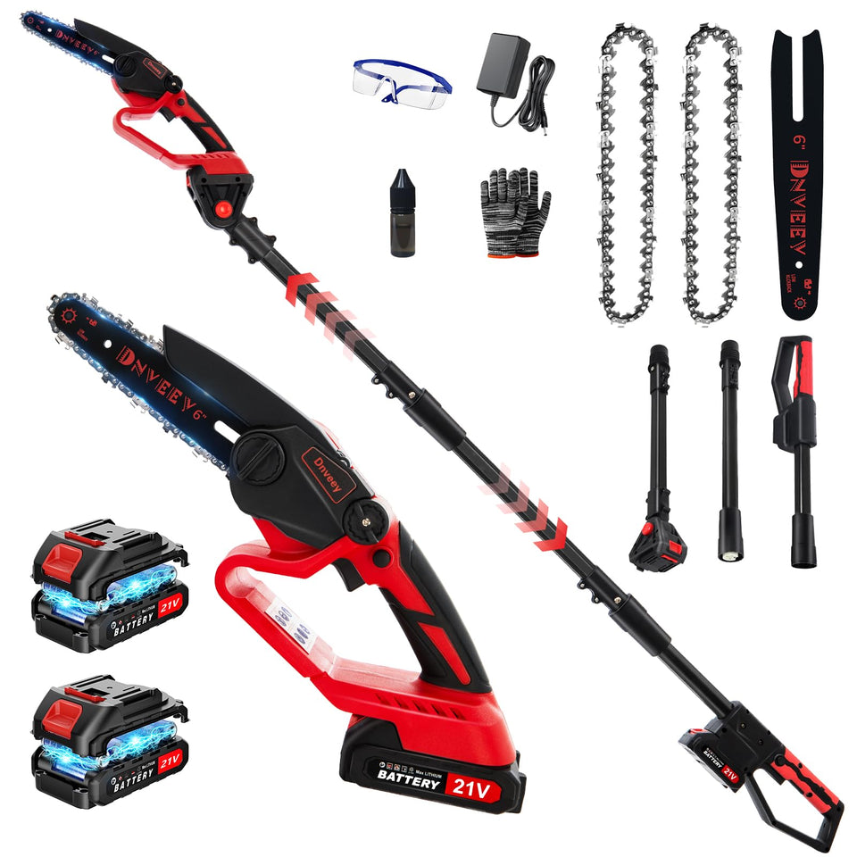 Dnveey 2-in-1 cordless pole saw with overhead reach for safe ground pruning.