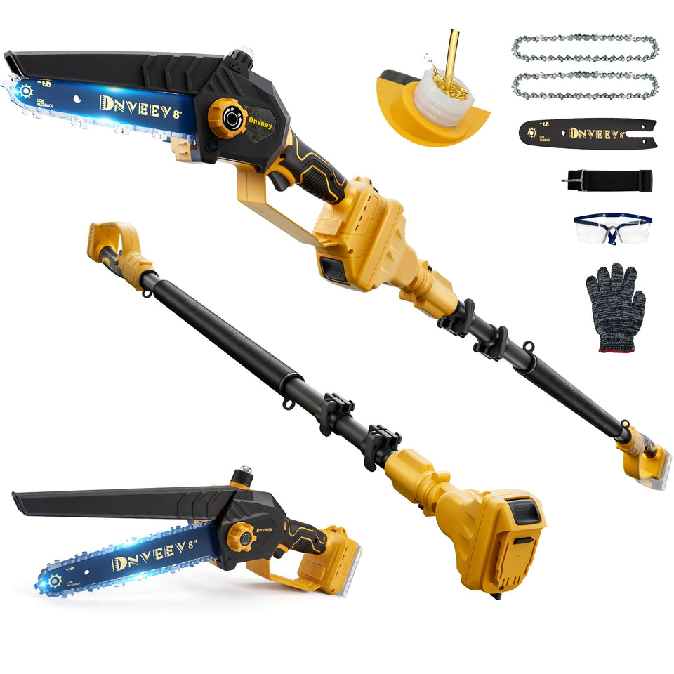 Dnveey 8-Inch cordless pole saw with extendable reach for high-limb pruning.