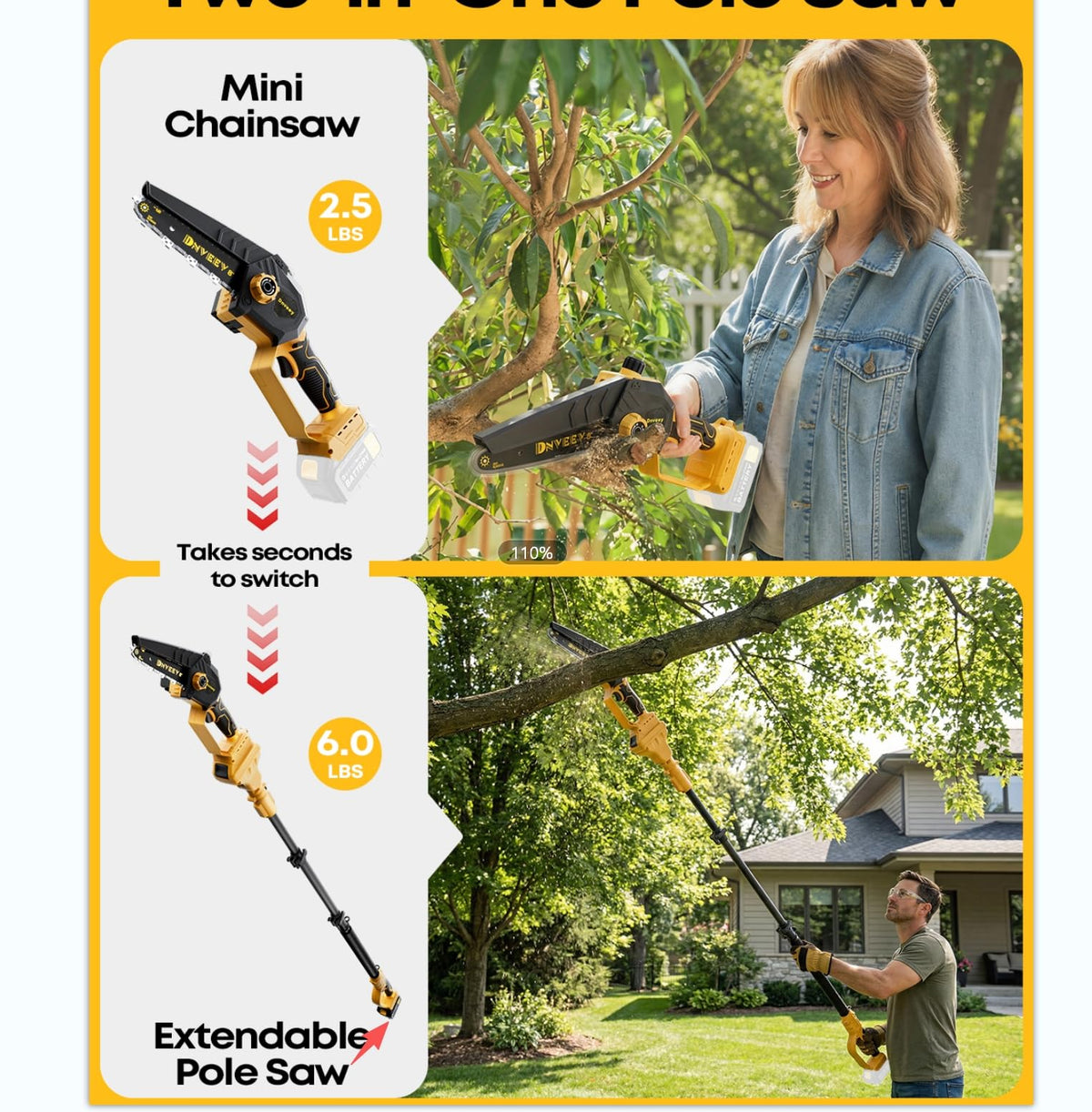 Dnveey pole saw compatible with DeWalt 20V Max batteries for flexible power.
