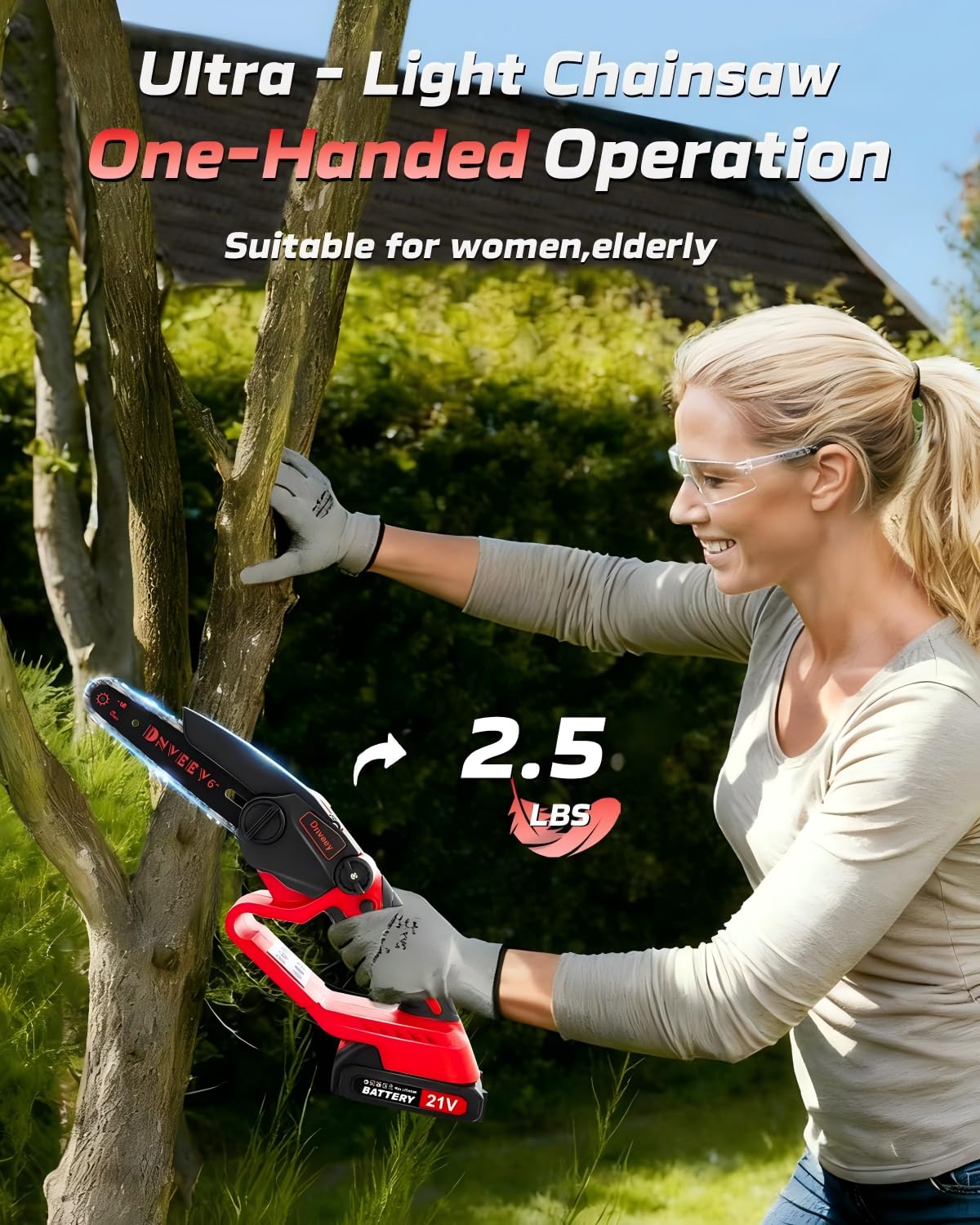 Dnveey lightweight pole saw designed for comfortable handling at 4.7 lbs.