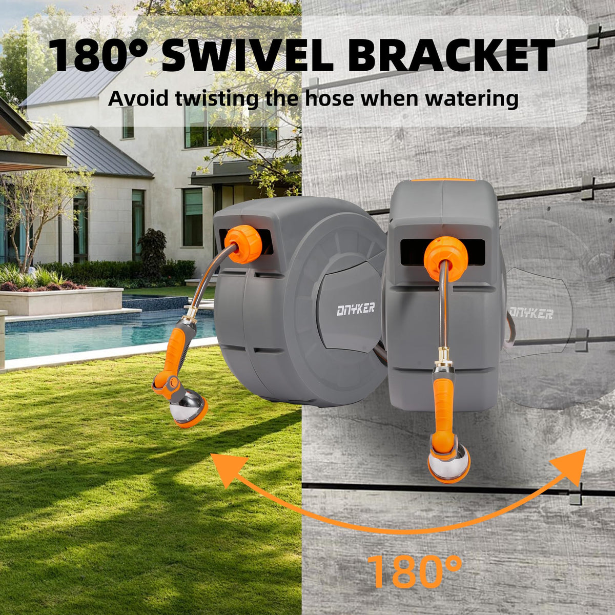 DNYKER auto-rewind mechanism keeps hose neat and tangle-free
