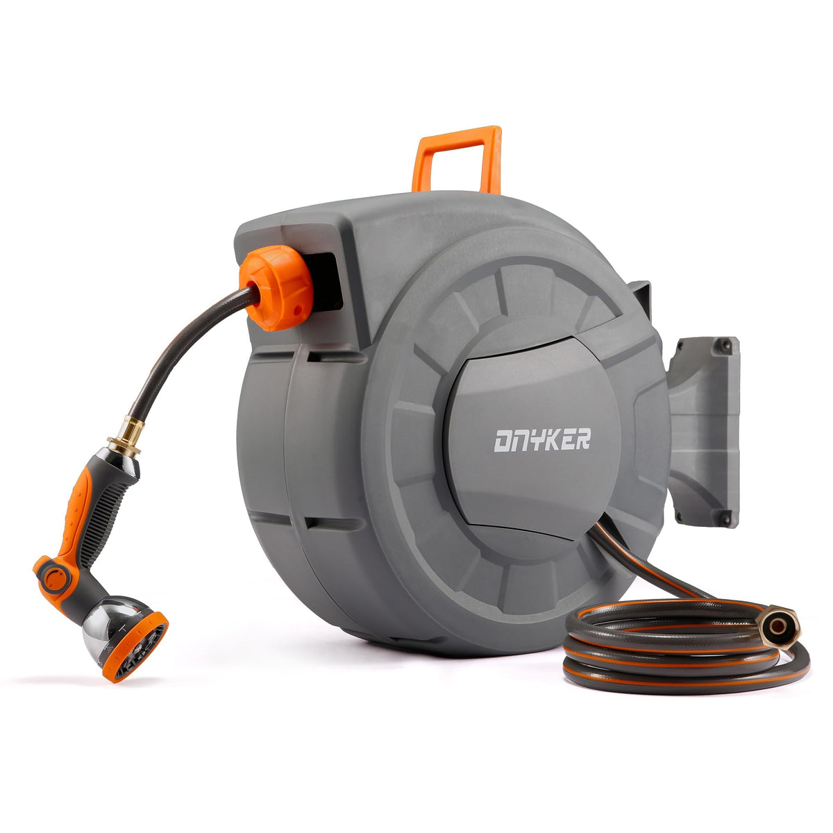 DNYKER retractable hose reel on wall mount saves space for watering