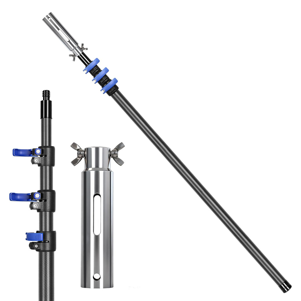DOBEN carbon fiber pool pole extended to 16 feet for high-reach cleaning tasks.
