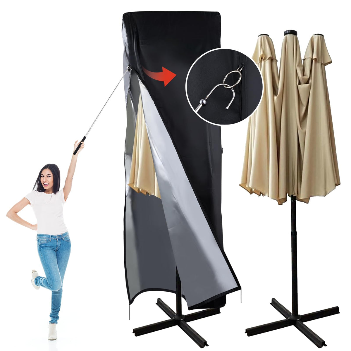 DOCEPERT umbrella cover showing dimensions for 13-15 ft double-sided canopy and weather protection