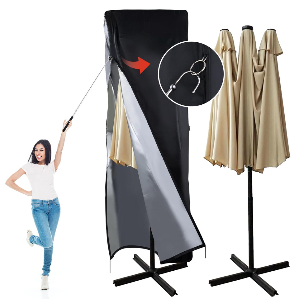 DOCEPERT umbrella cover showing dimensions for 13-15 ft double-sided canopy and weather protection