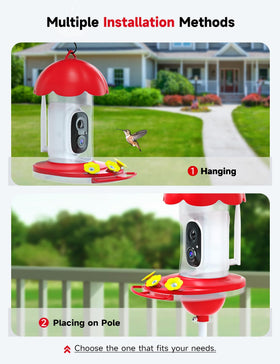 DOCOON hummingbird feeder camera side view showing sleek solar-powered setup for outdoor use.