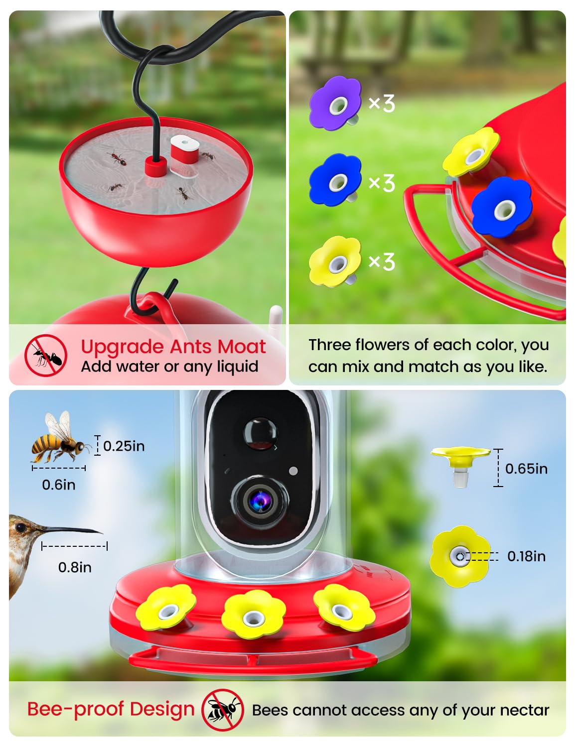 DOCOON hummingbird feeder camera solar panel powers long monitoring outdoors.