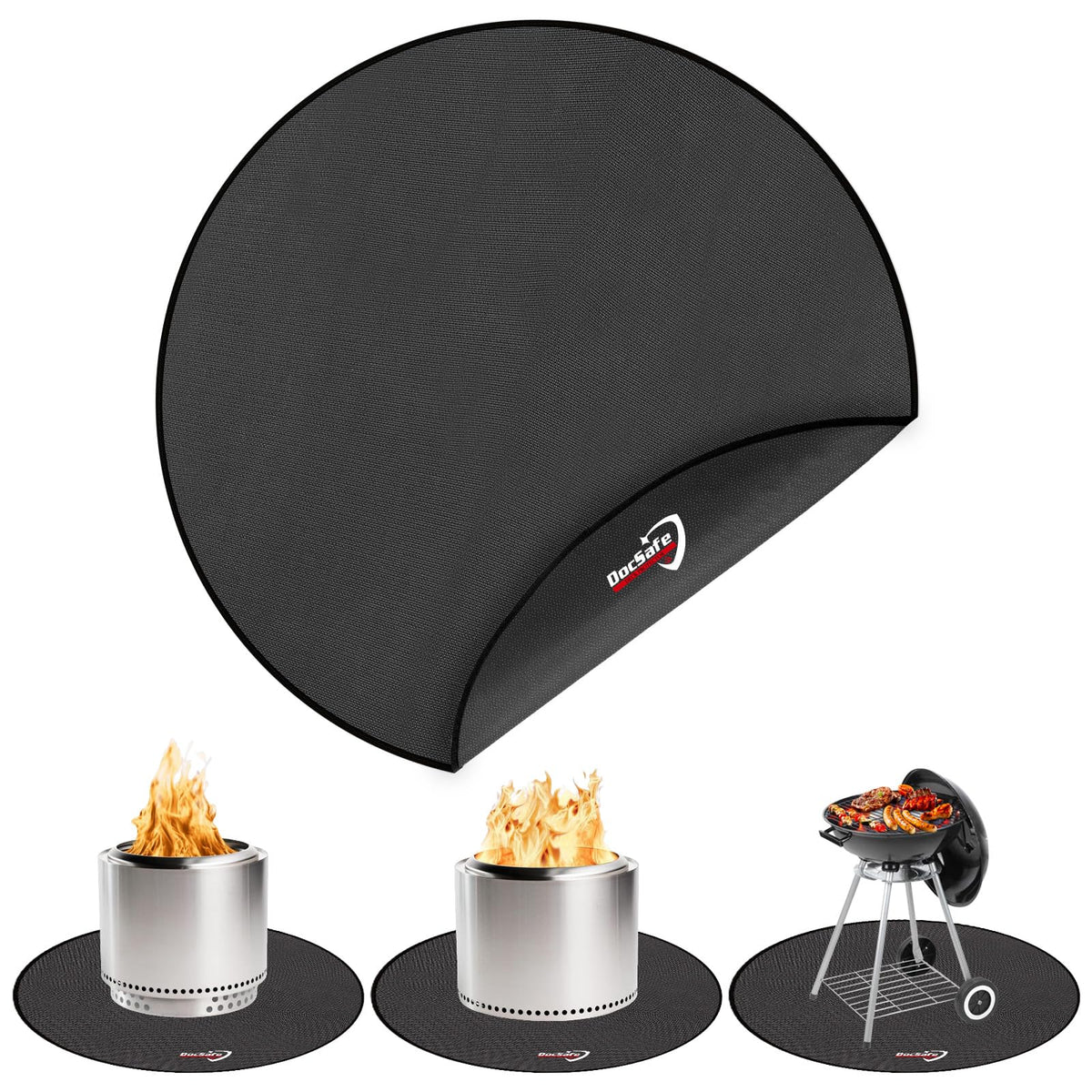 DocSafe 36-inch round fire pit mat protecting decks and patios from embers and grease