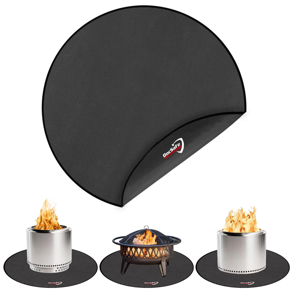 DocSafe 38-inch round fire pit mat, back view, highlighting heat protection for decks.