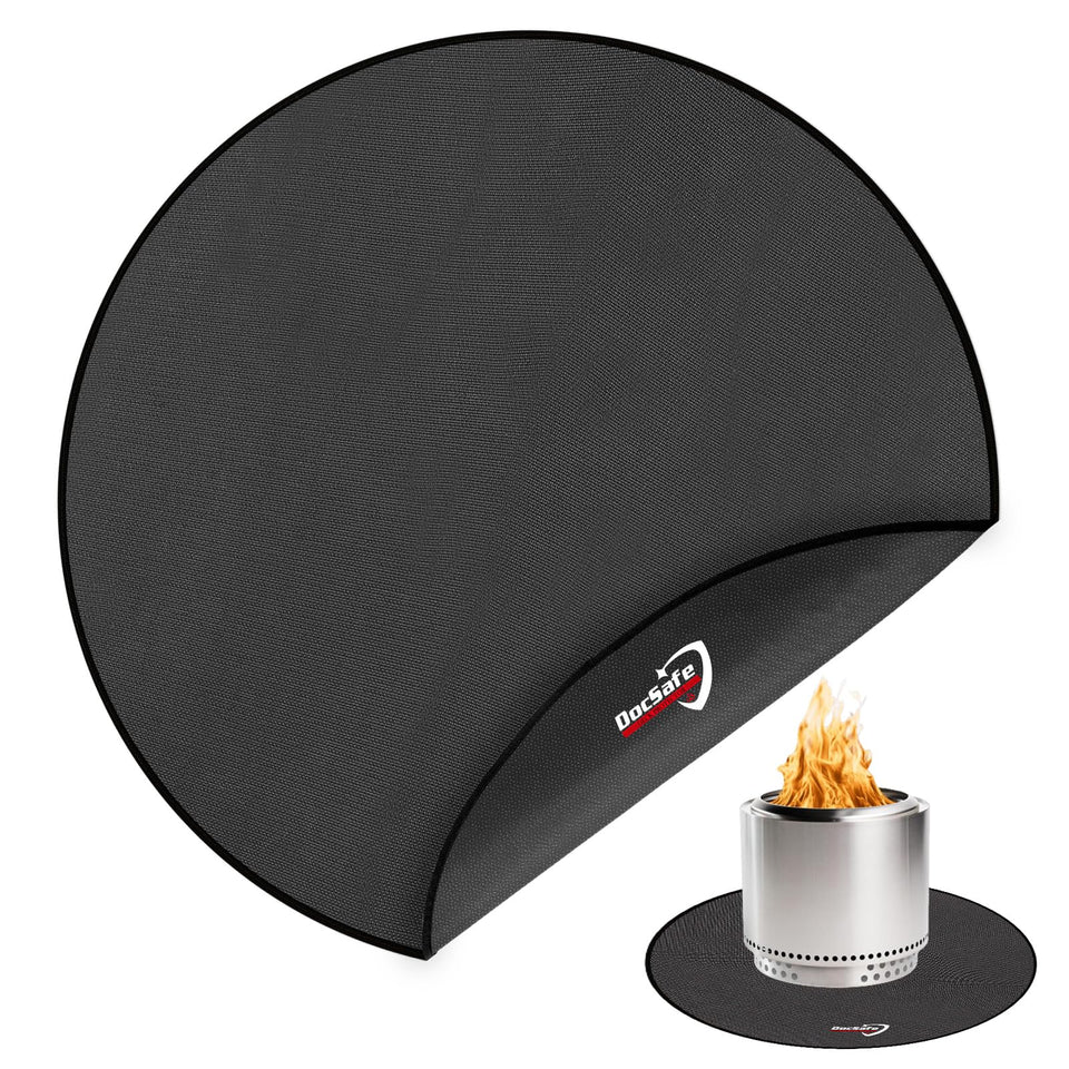 DocSafe 42-inch round fire pit mat protecting deck from embers and spills.