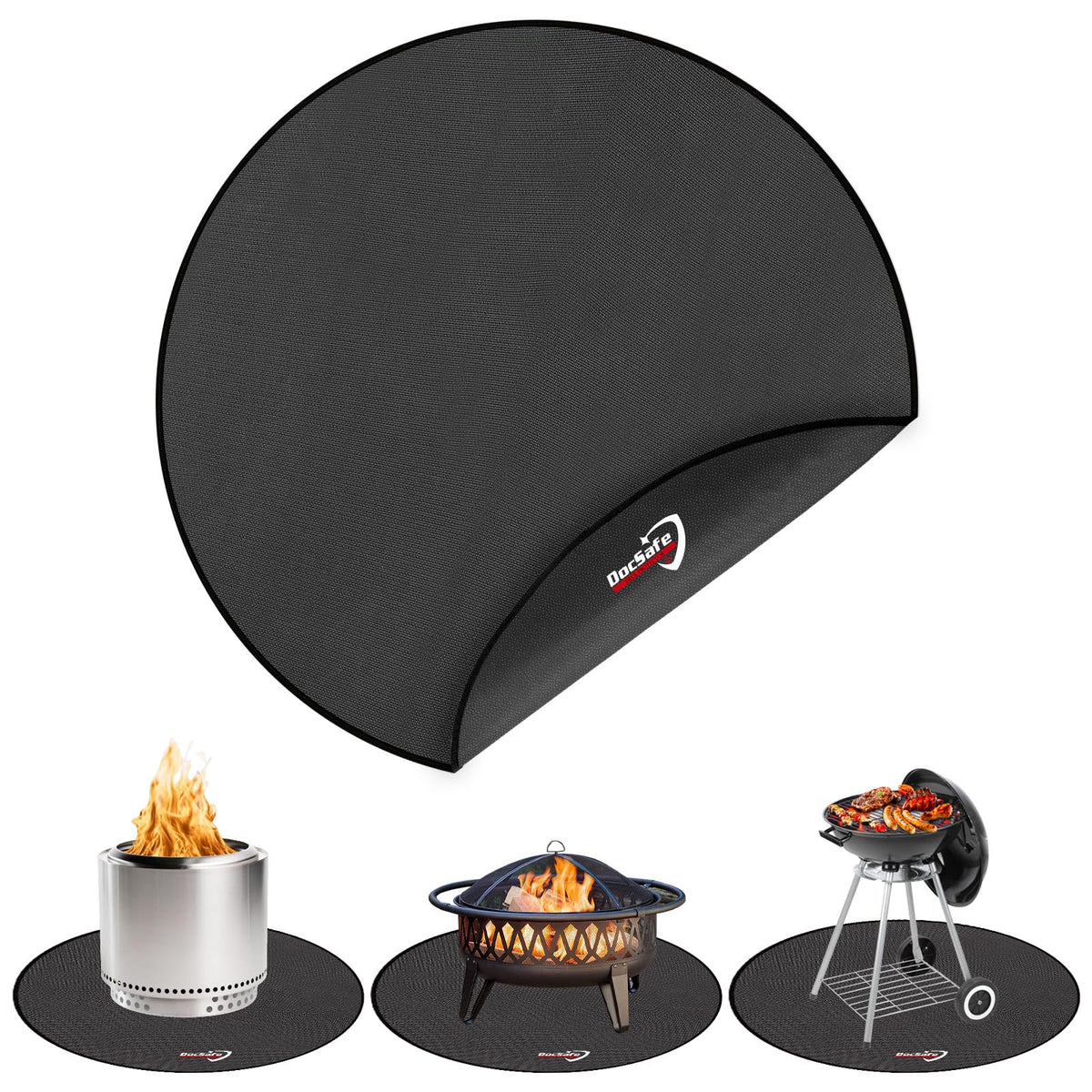 DocsSafe 48-inch fire pit mat under a fire pit protecting wooden deck from embers.