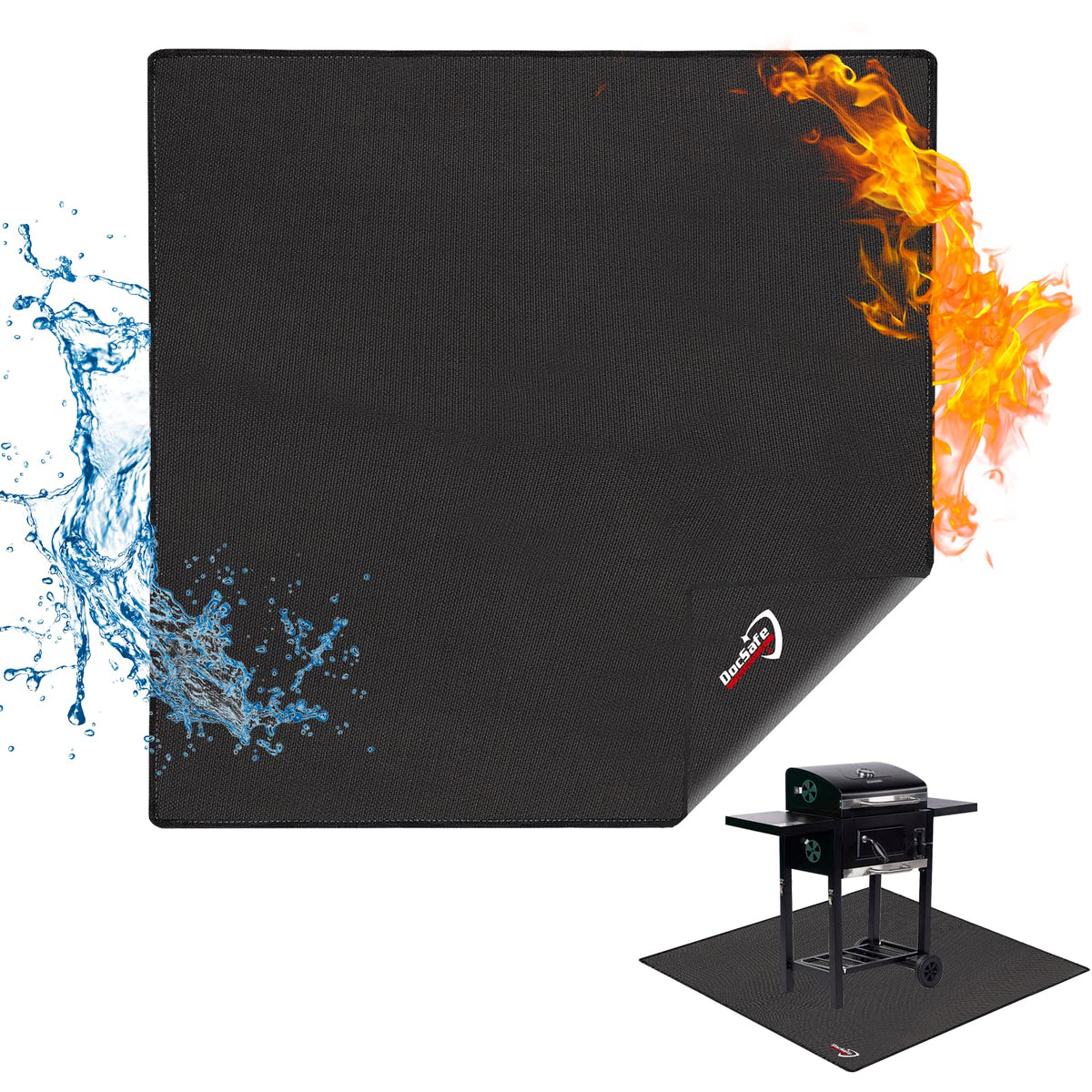 DocSafe under-grill mat protecting a deck from embers and stains.