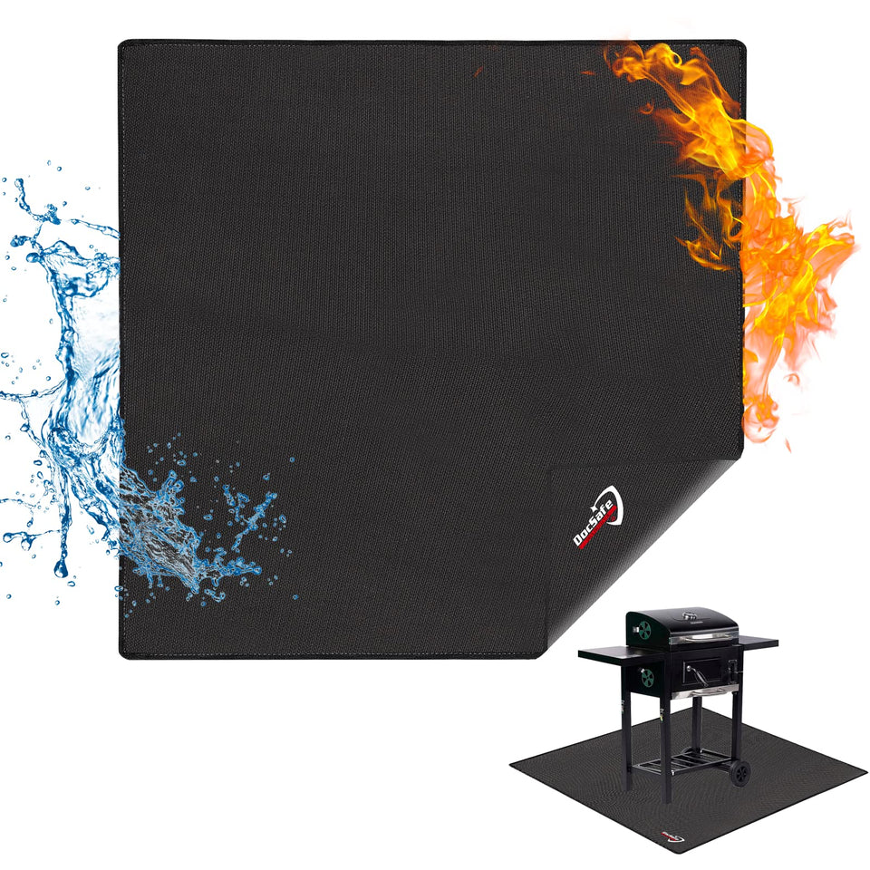 DocSafe under-grill mat protecting a deck from embers and stains.