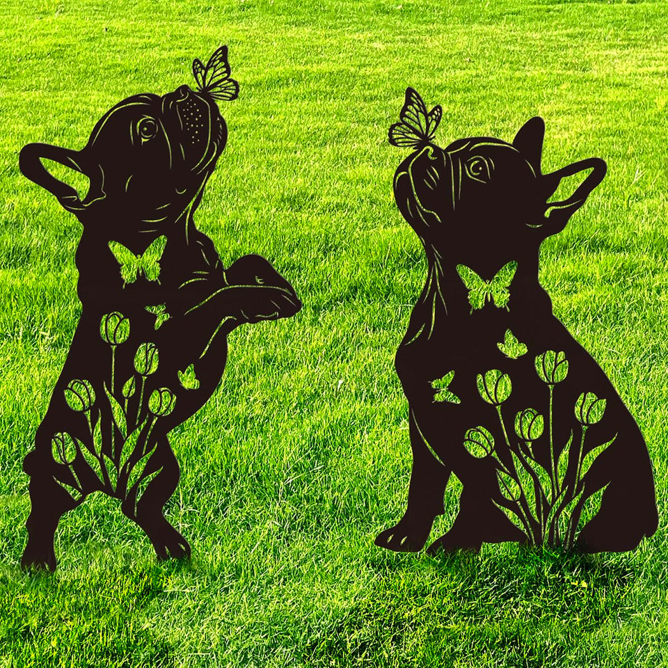 Doesen metal French Bulldog silhouette garden decor adds year-round curb appeal.