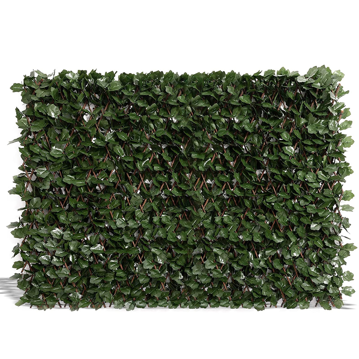DOEWORKS expandable fence with faux ivy panel, closed view for instant privacy.