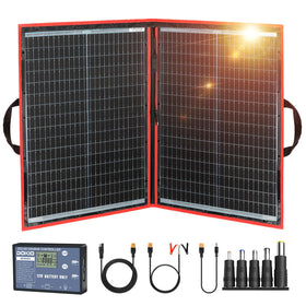 DOKIO 100W foldable solar panel in use powering a 12V battery outdoors