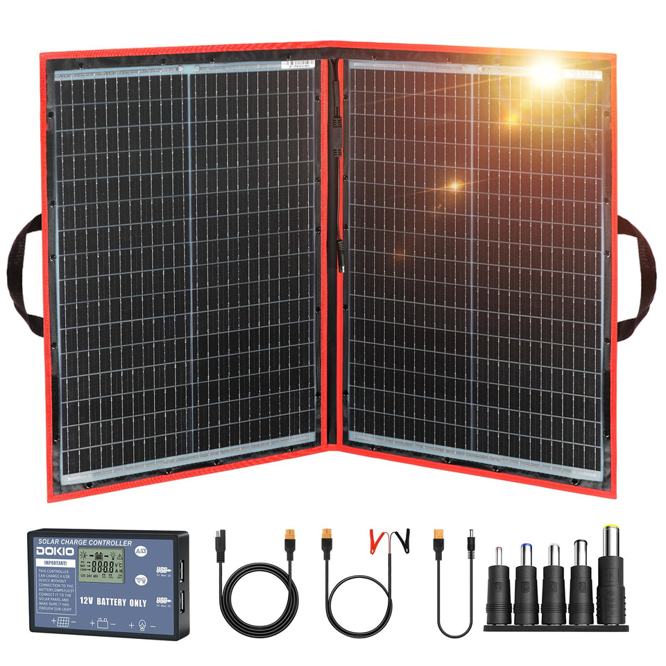 DOKIO 100W foldable solar panel in use powering a 12V battery outdoors