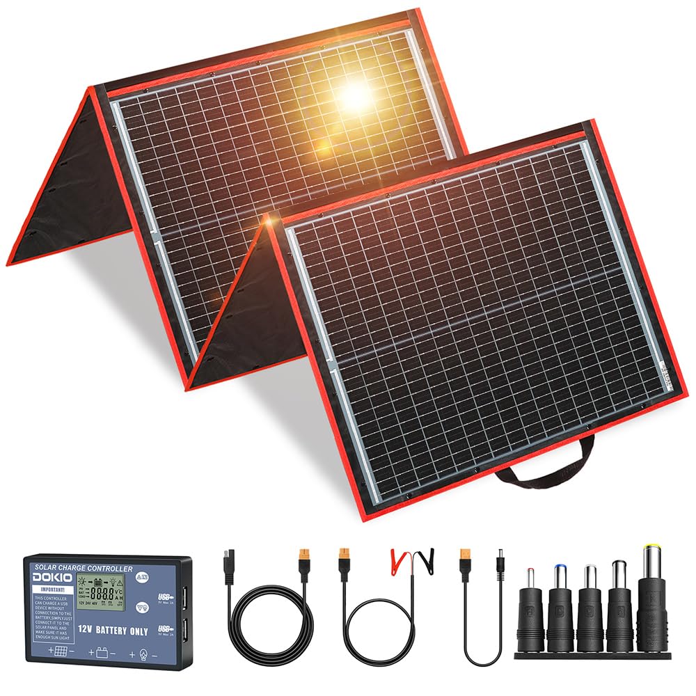 DOKIO 150W folding solar panel compact for easy camping and RV power.