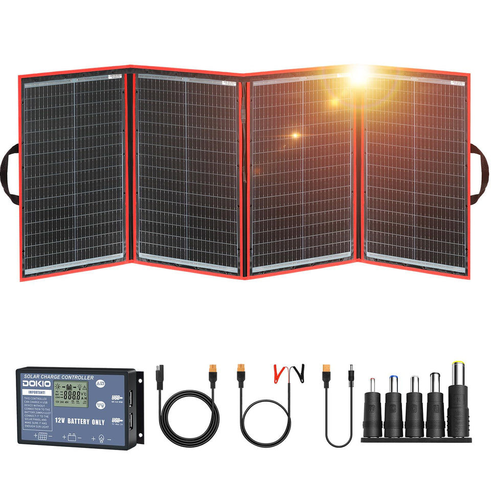 DOKIO 200W foldable panel closed for easy transport and storage.