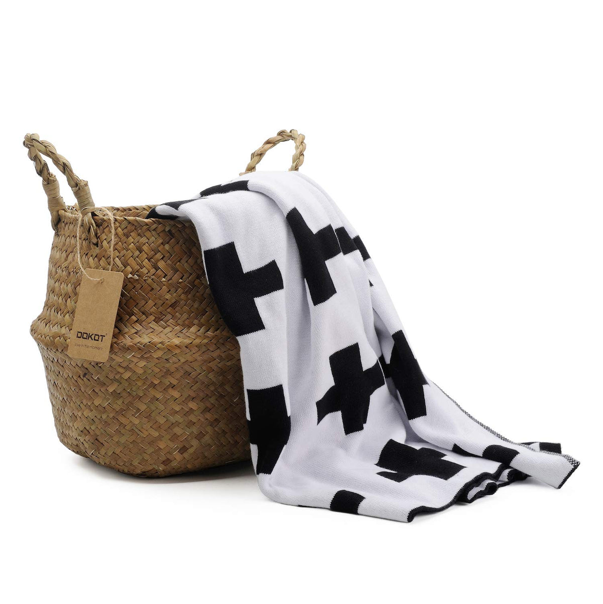 DOKOT Seagrass basket in bathroom or hallway for towels and toys.