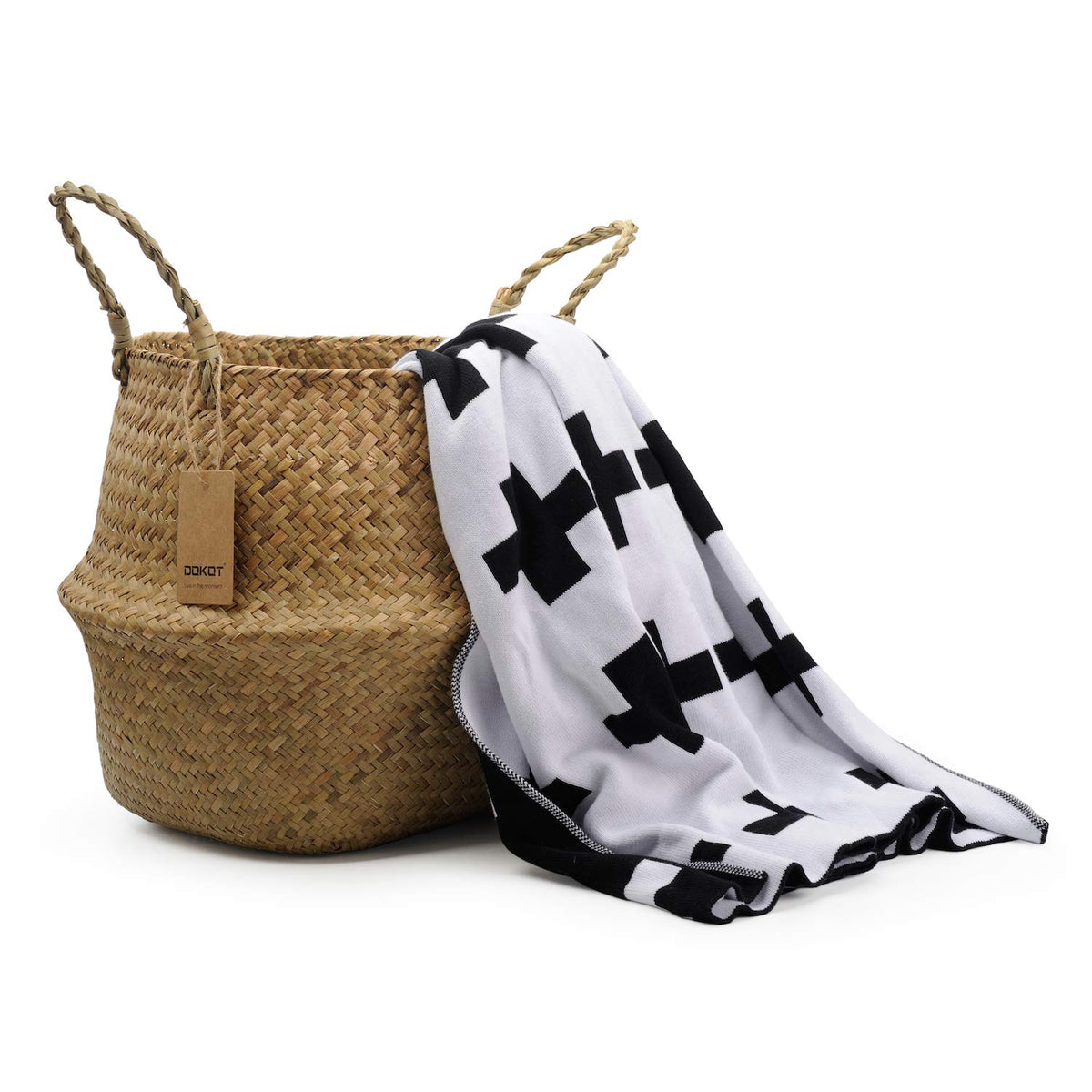 DOKOT seagrass basket with handles, side view, versatile storage for toys.