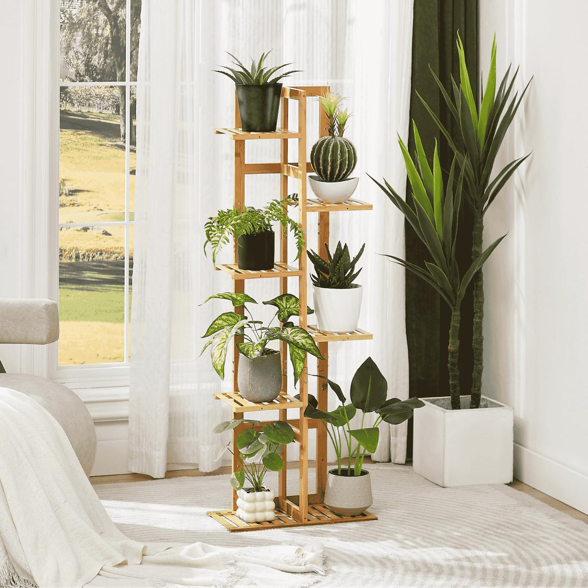 DolceLuna 6-tier bamboo plant rack keeps a tidy, tiered display.