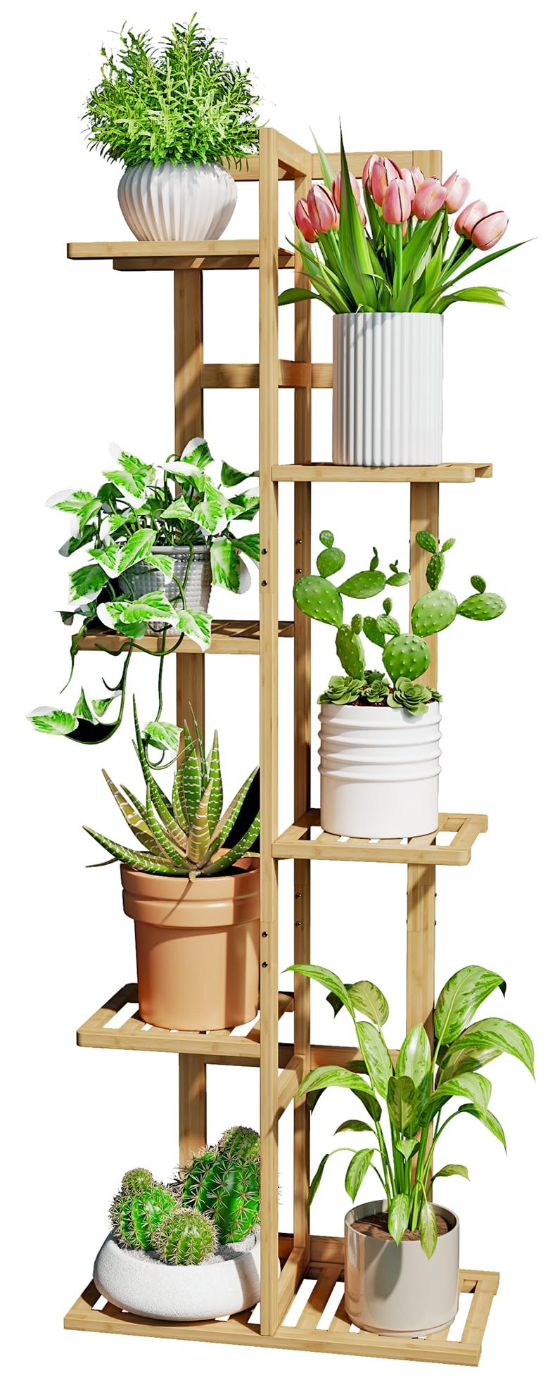 DolceLuna plant stand corner 46 inch displaying seven plants in compact living space.